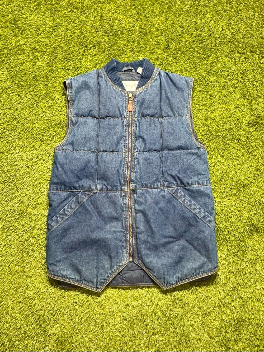 Vintage Spiegel Quilted Denim Puffer Vest Men’s Small Full Zip Pockets Blue